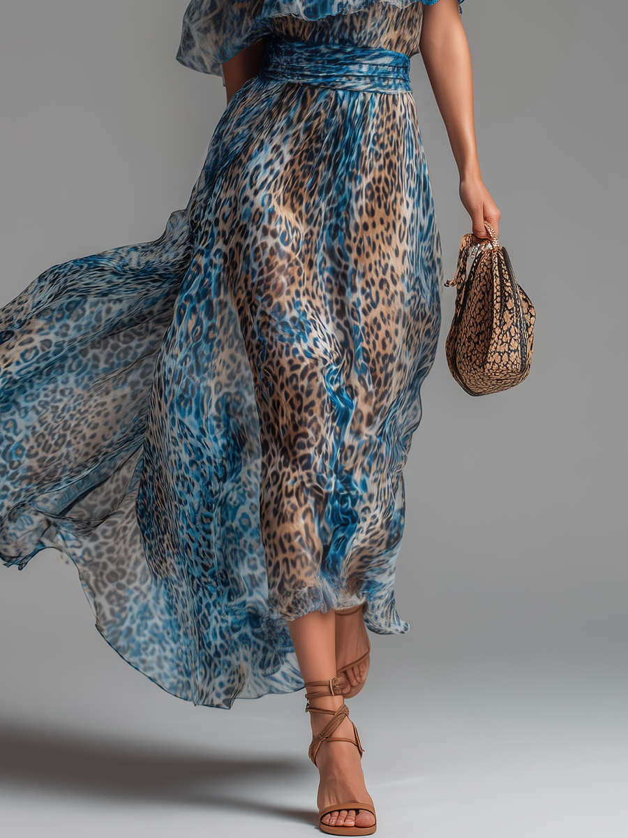 Selvaggia - Vestido largo de gasa con estampado de leopardo y hombros al aire