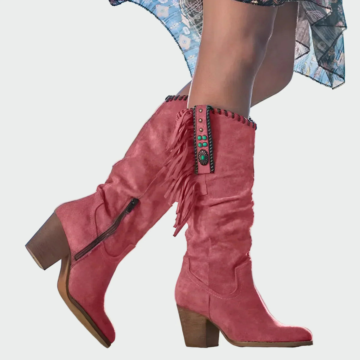 BOTAS BOHO-WESTERN CON FLECOS Y PIEDRAS TURQUESAS