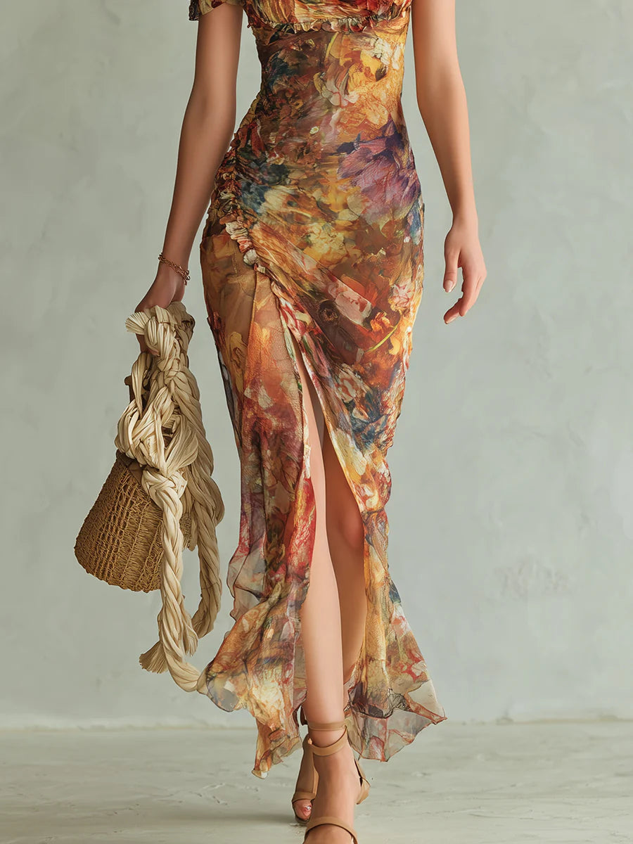 Violeta - Vestido largo de gasa naranja con estampado al óleo de estilo bohemio