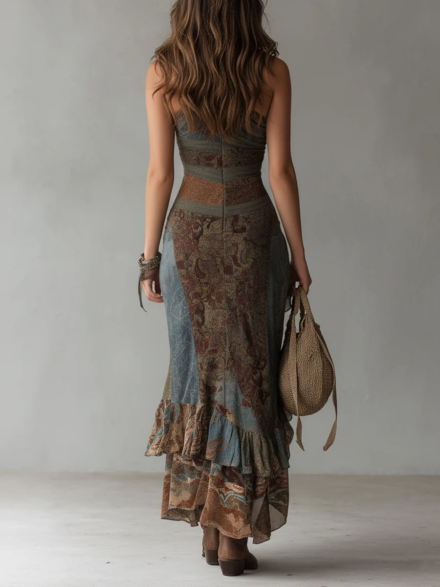 Elena - Vestido largo asimétrico con estampado étnico