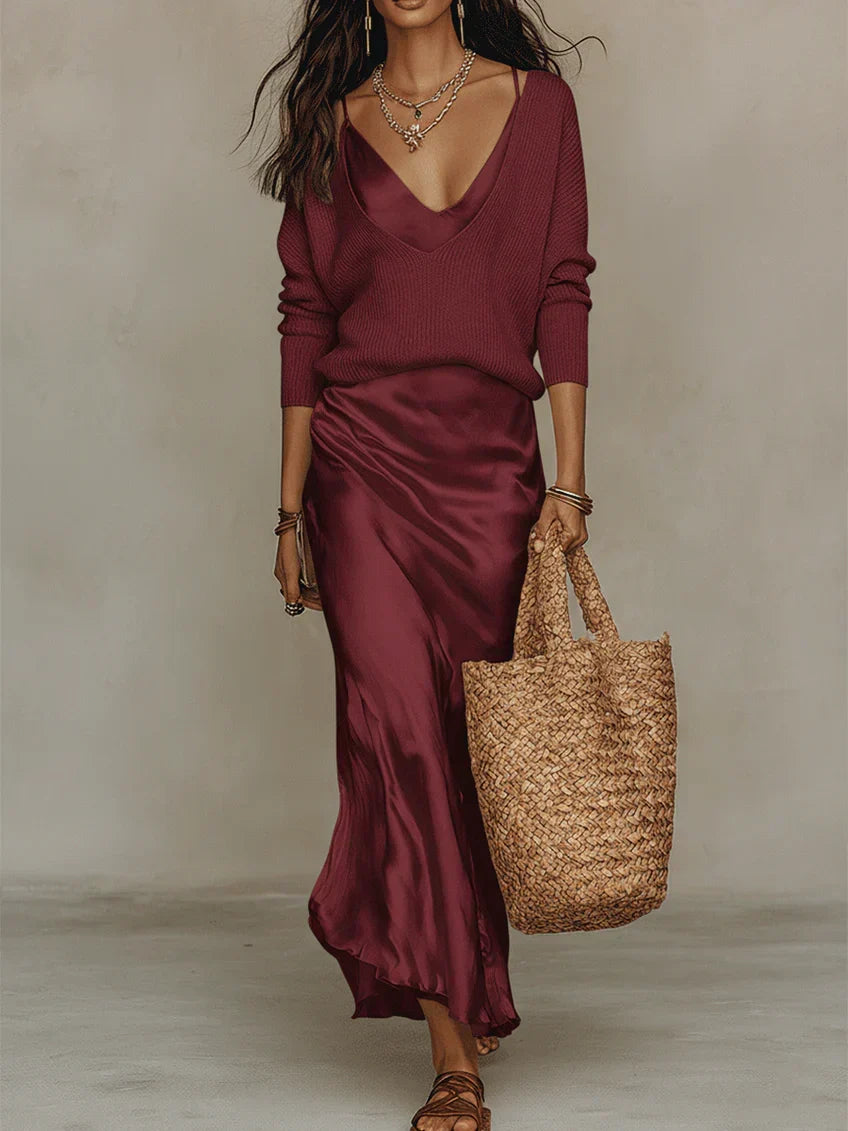 Elena - Vestido midi satinado con jersey incluido