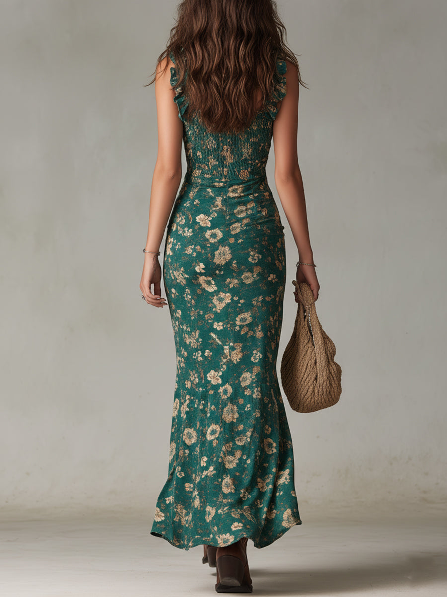 Zara - Vestido largo bohemio con mangas fruncidas y abertura alta