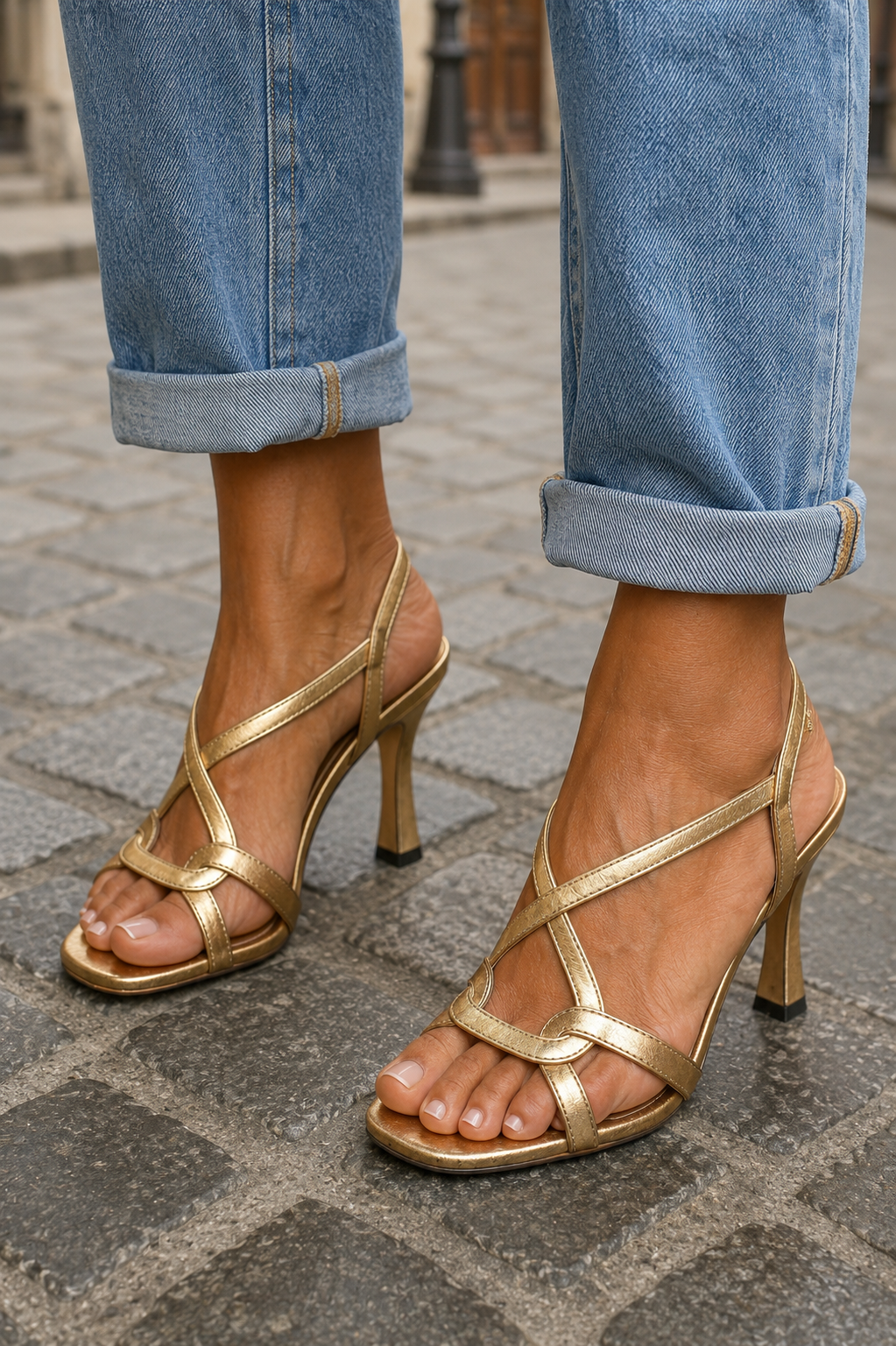 ELISABETH - Sandalias doradas con tacón elegante