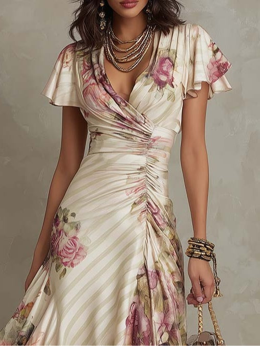Alba - Vestido de satén con estampado floral de estilo retro