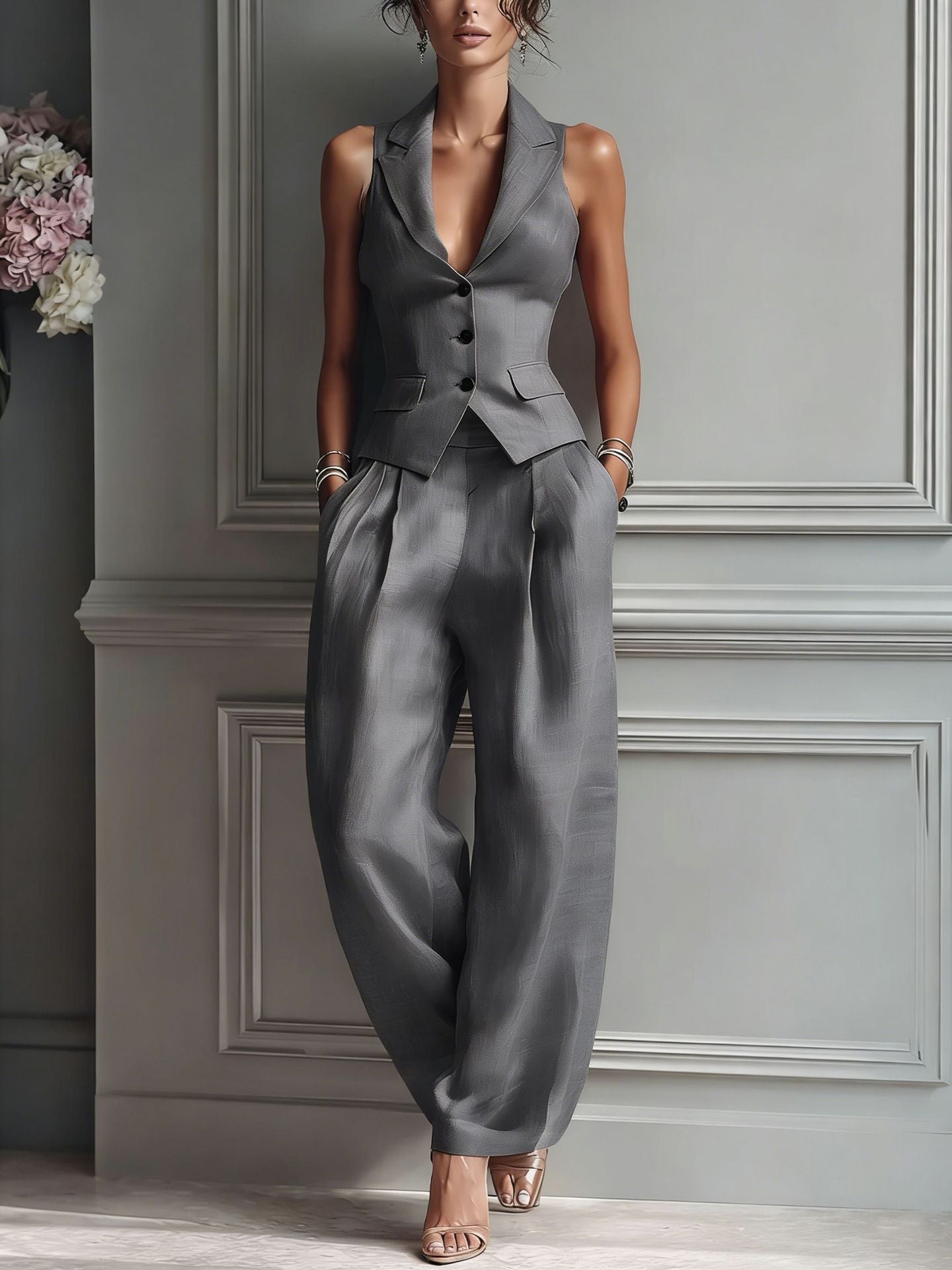 Irina - Conjunto de dos piezas para mujer con cuello en V y botones