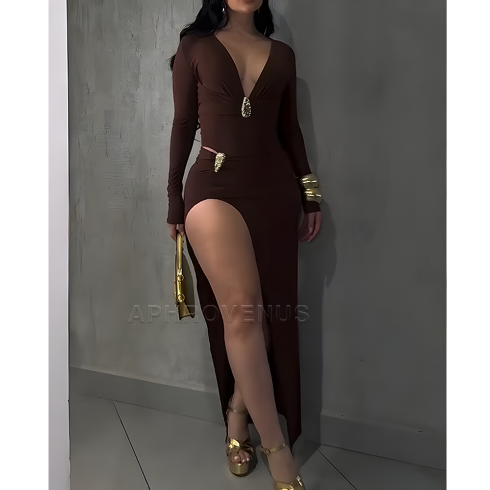 Lara - Elegante maxivestido ajustado con escote en V profundo y mangas largas fruncidas