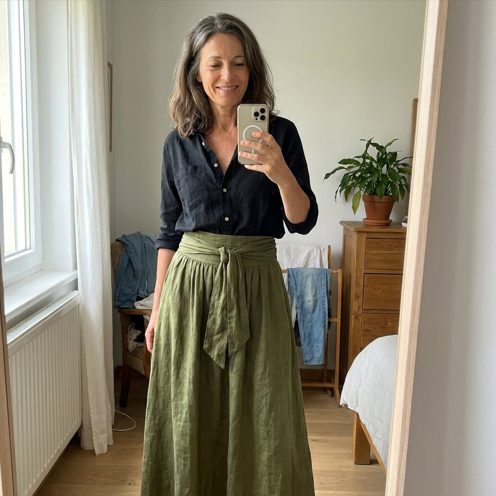 Vera | Conjunto de dos piezas: camisa negra y falda verde oliva