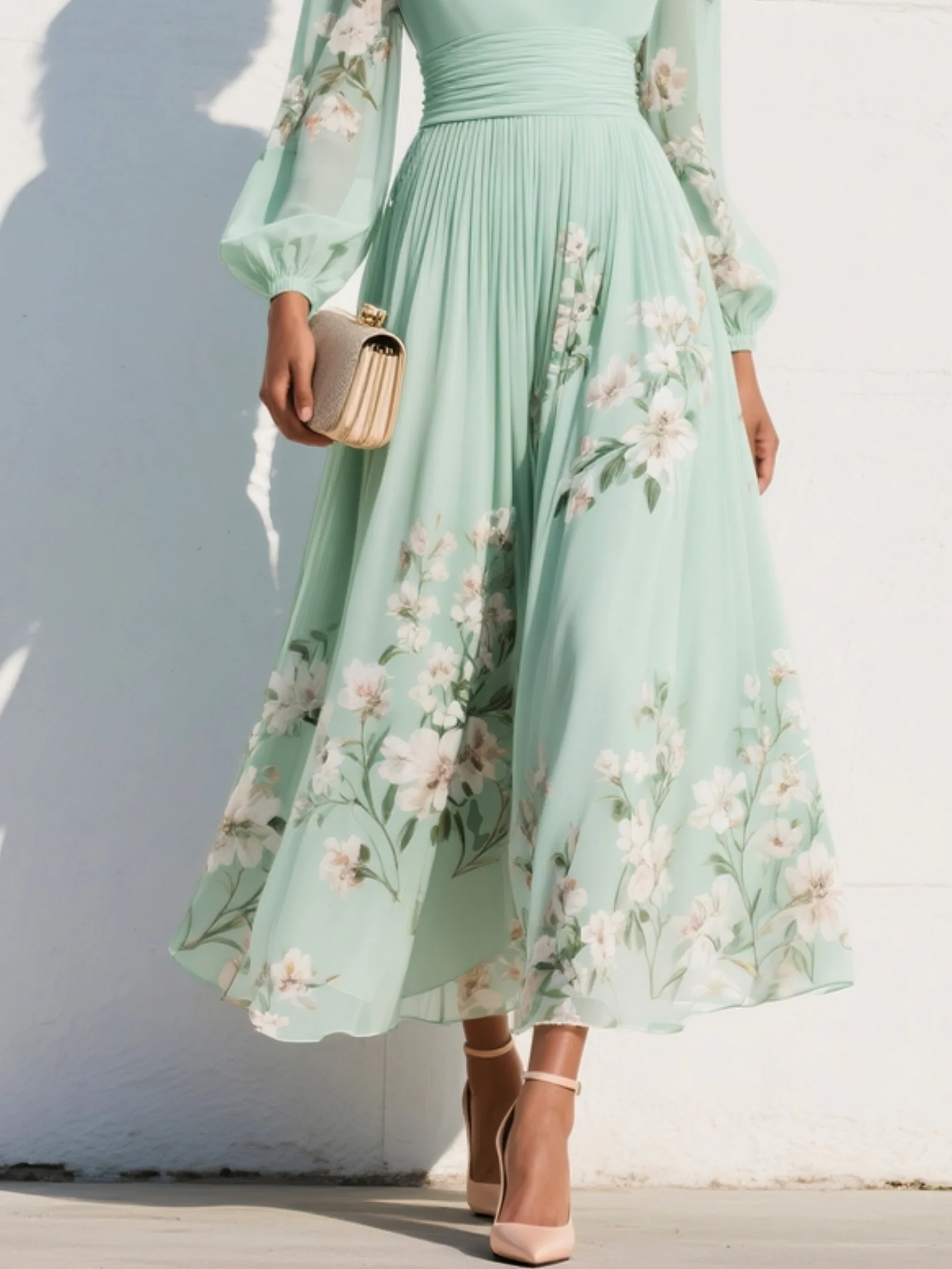 Isa - Vestido largo de gasa verde menta con estampado floral