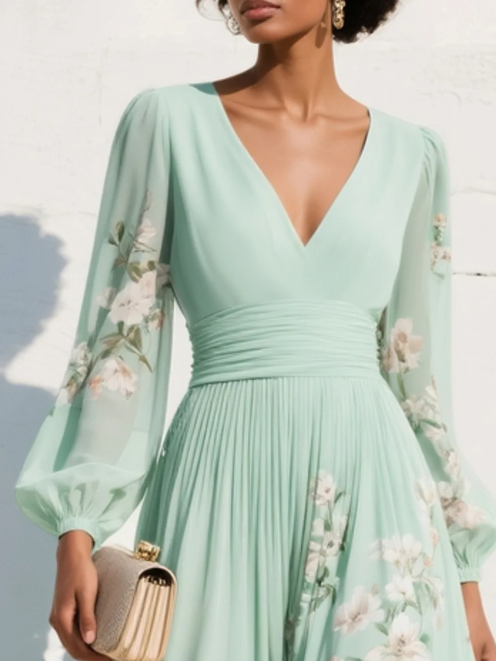 Isa - Vestido largo de gasa verde menta con estampado floral