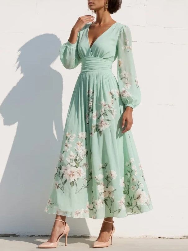 Isa - Vestido largo de gasa verde menta con estampado floral