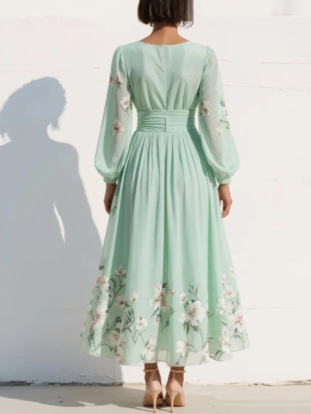 Isa - Vestido largo de gasa verde menta con estampado floral