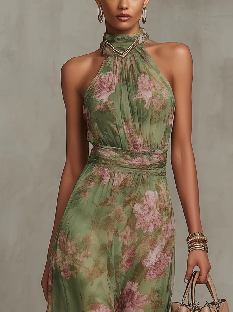 Serena - Vestido largo verde con estampado floral