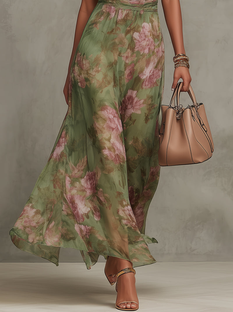 Serena - Vestido largo verde con estampado floral