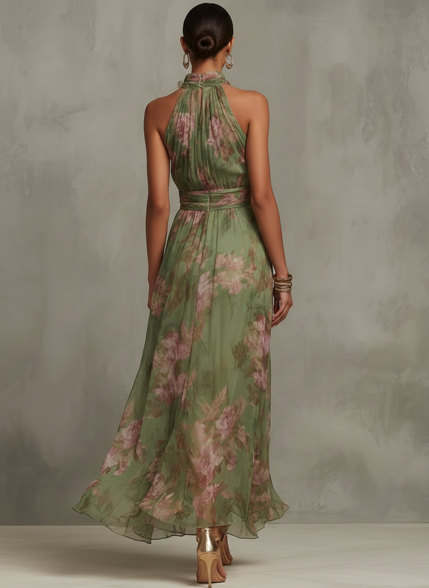 Serena - Vestido largo verde con estampado floral