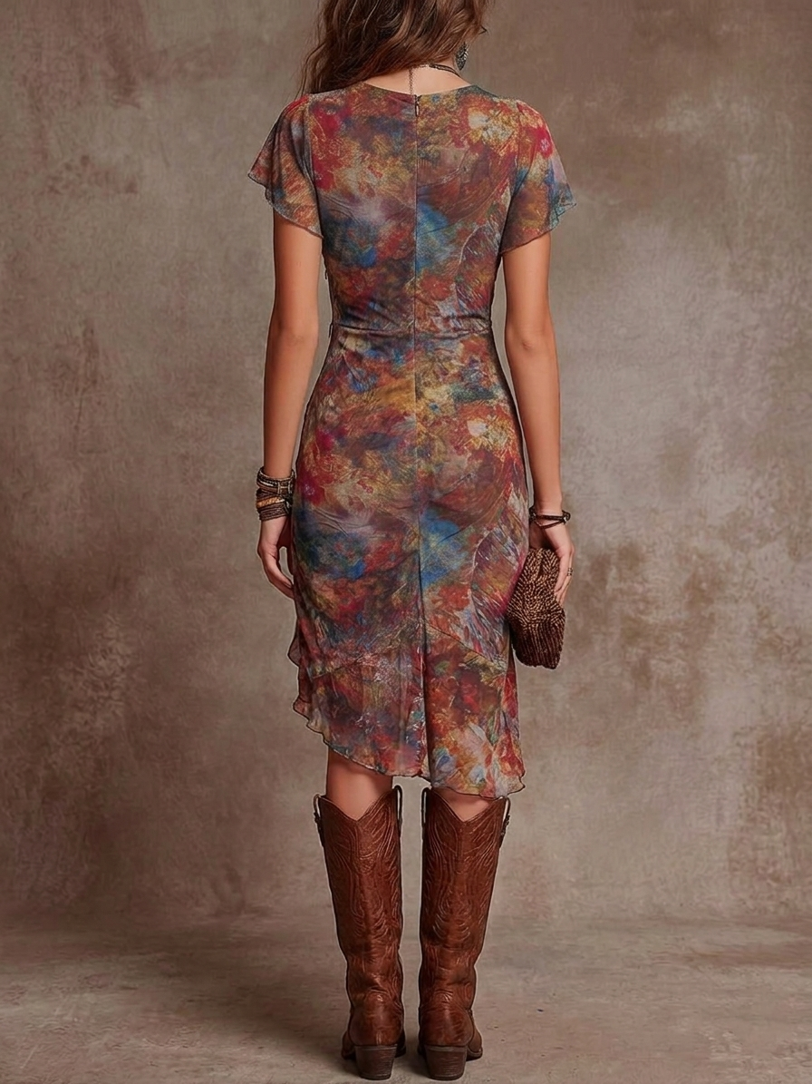 Martina - Vestido con escote en V y estampado artístico