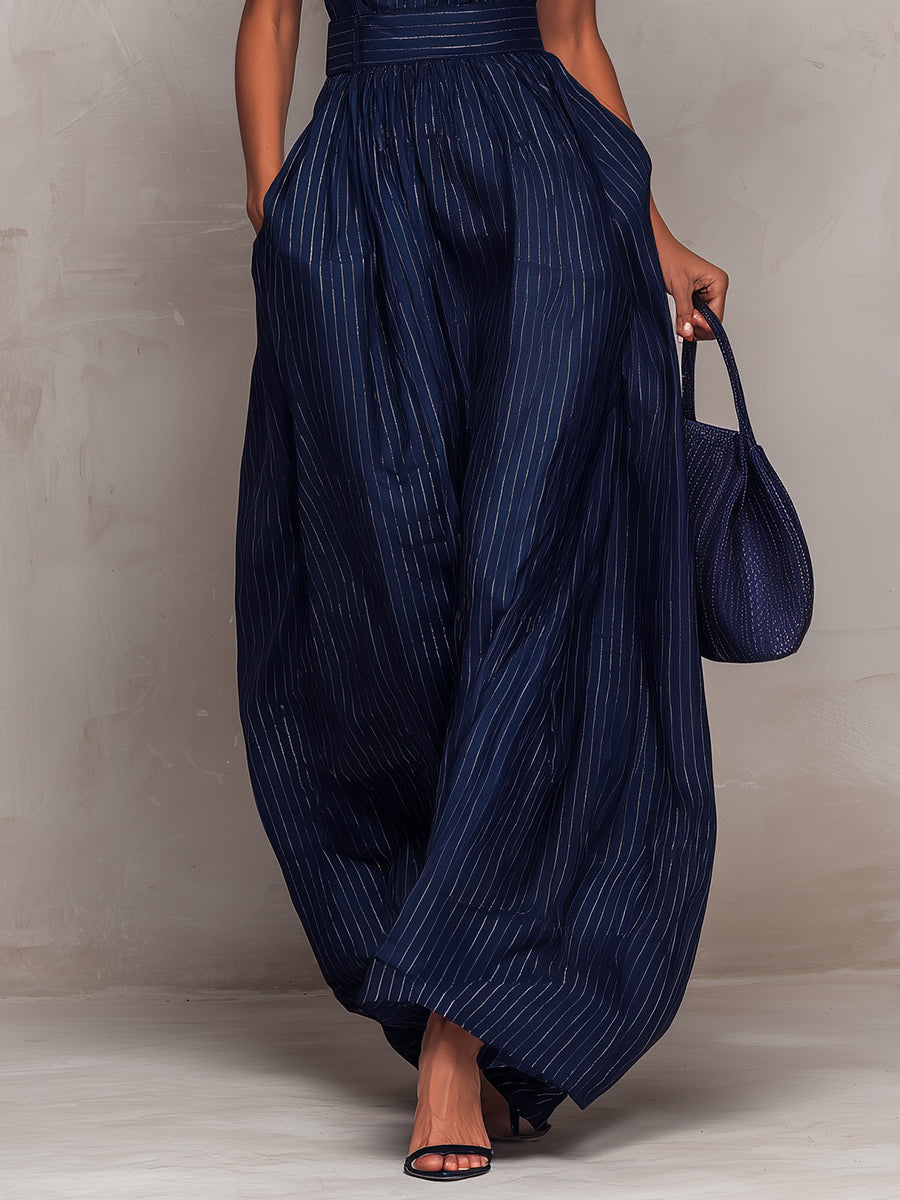 Anna - mono azul oscuro a rayas con cuello en V y pantalones anchos