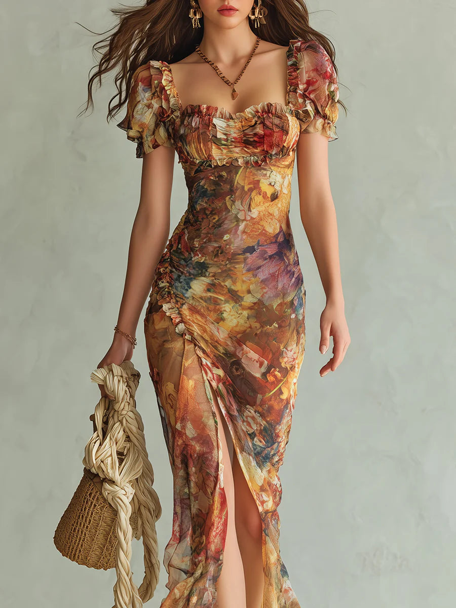 Violeta - Vestido largo de gasa naranja con estampado al óleo de estilo bohemio