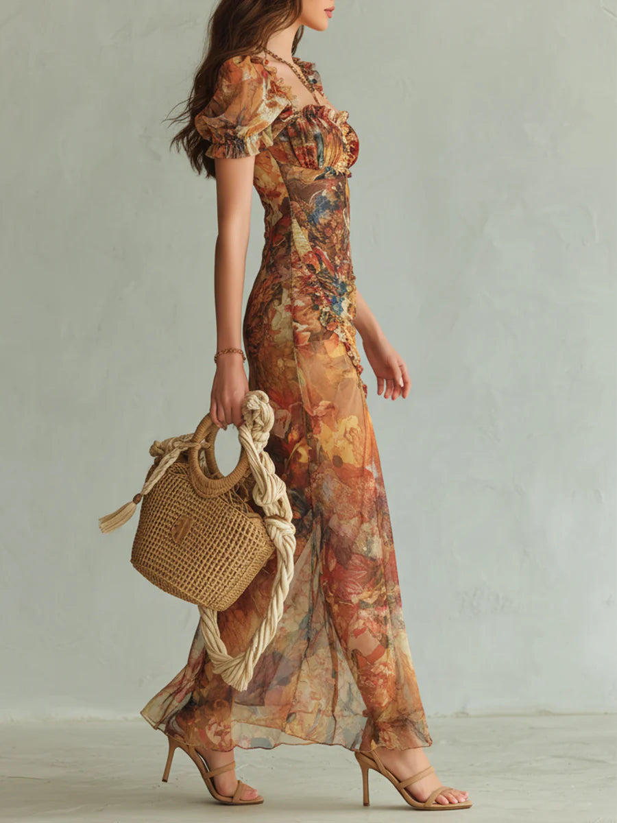 Violeta - Vestido largo de gasa naranja con estampado al óleo de estilo bohemio