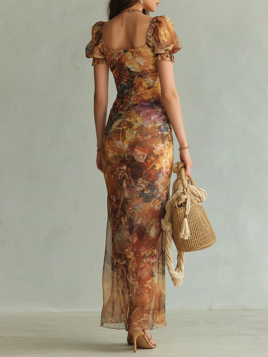 Violeta - Vestido largo de gasa naranja con estampado al óleo de estilo bohemio