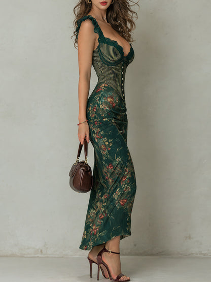 Giorgia - Vestido largo con estampado floral y encaje retro