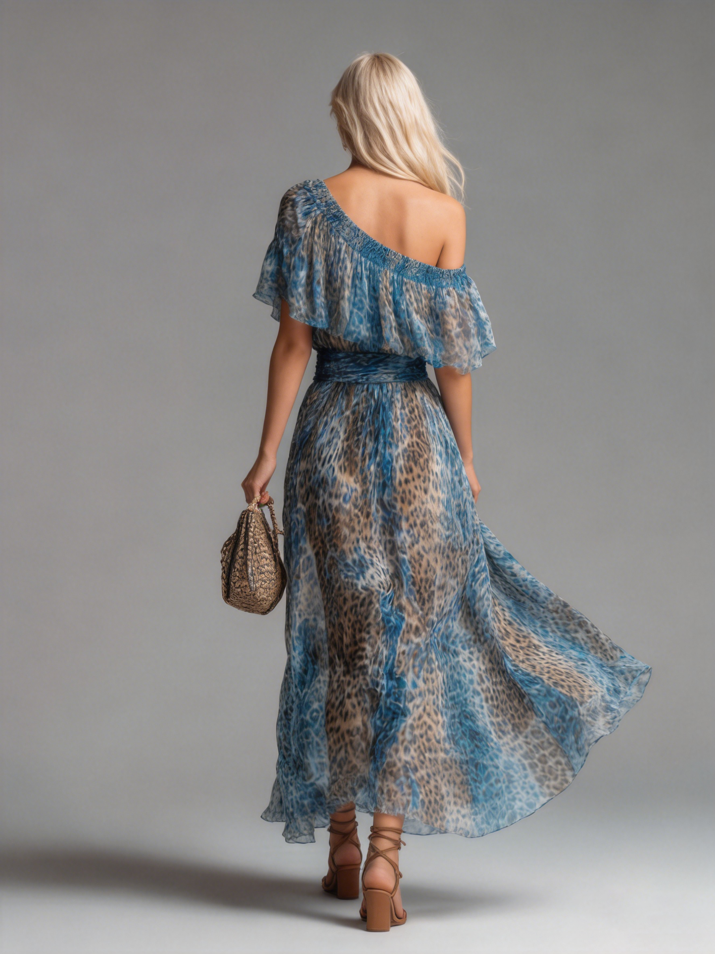 Selvaggia - Vestido largo de gasa con estampado de leopardo y hombros al aire