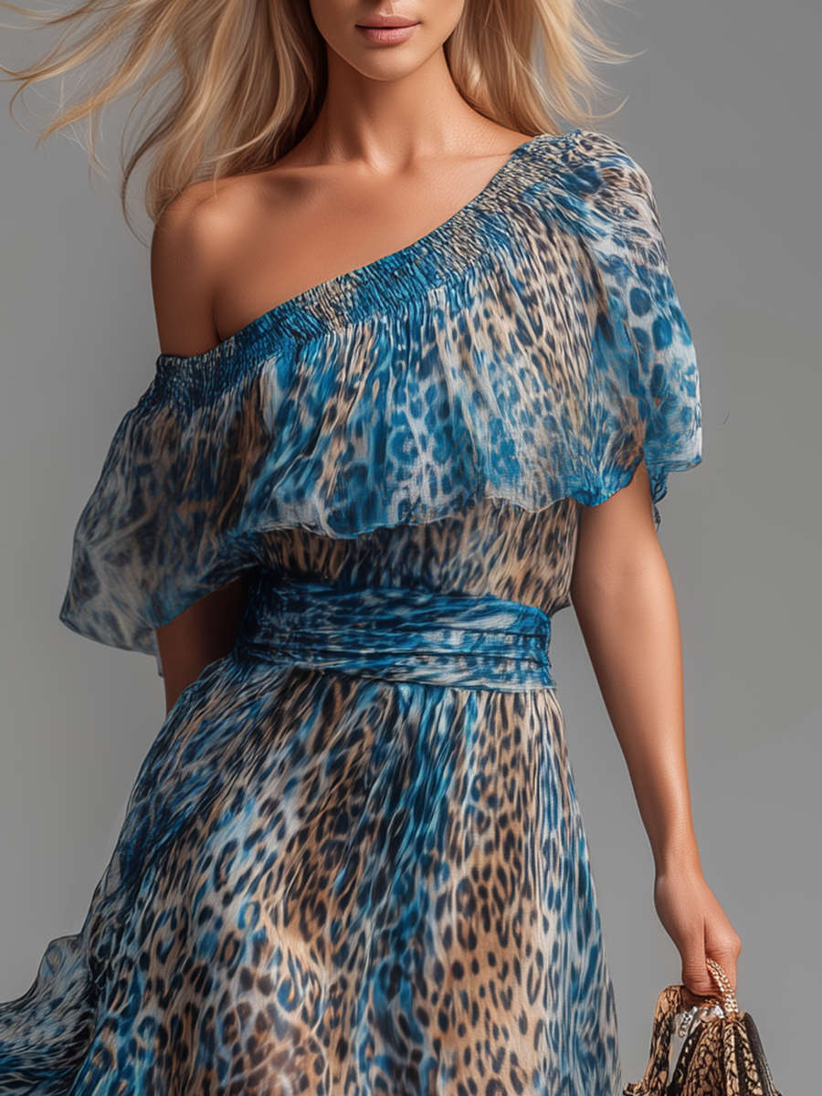 Selvaggia - Vestido largo de gasa con estampado de leopardo y hombros al aire