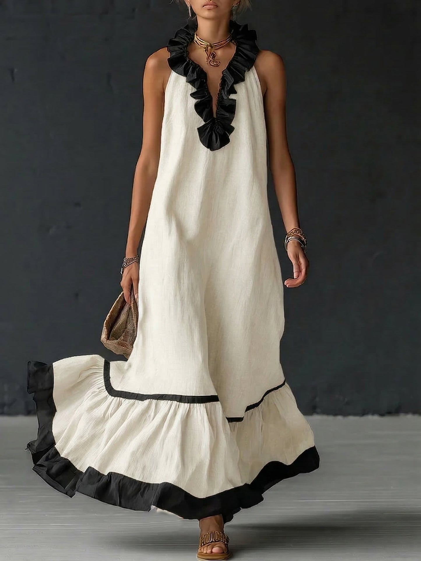 Vestido largo, elegante  con volantes