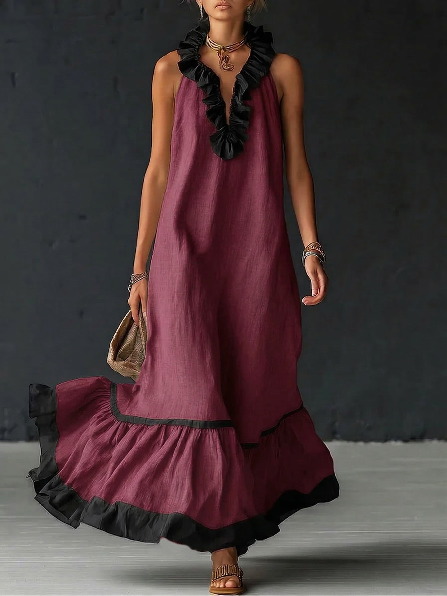 Vestido largo, elegante  con volantes