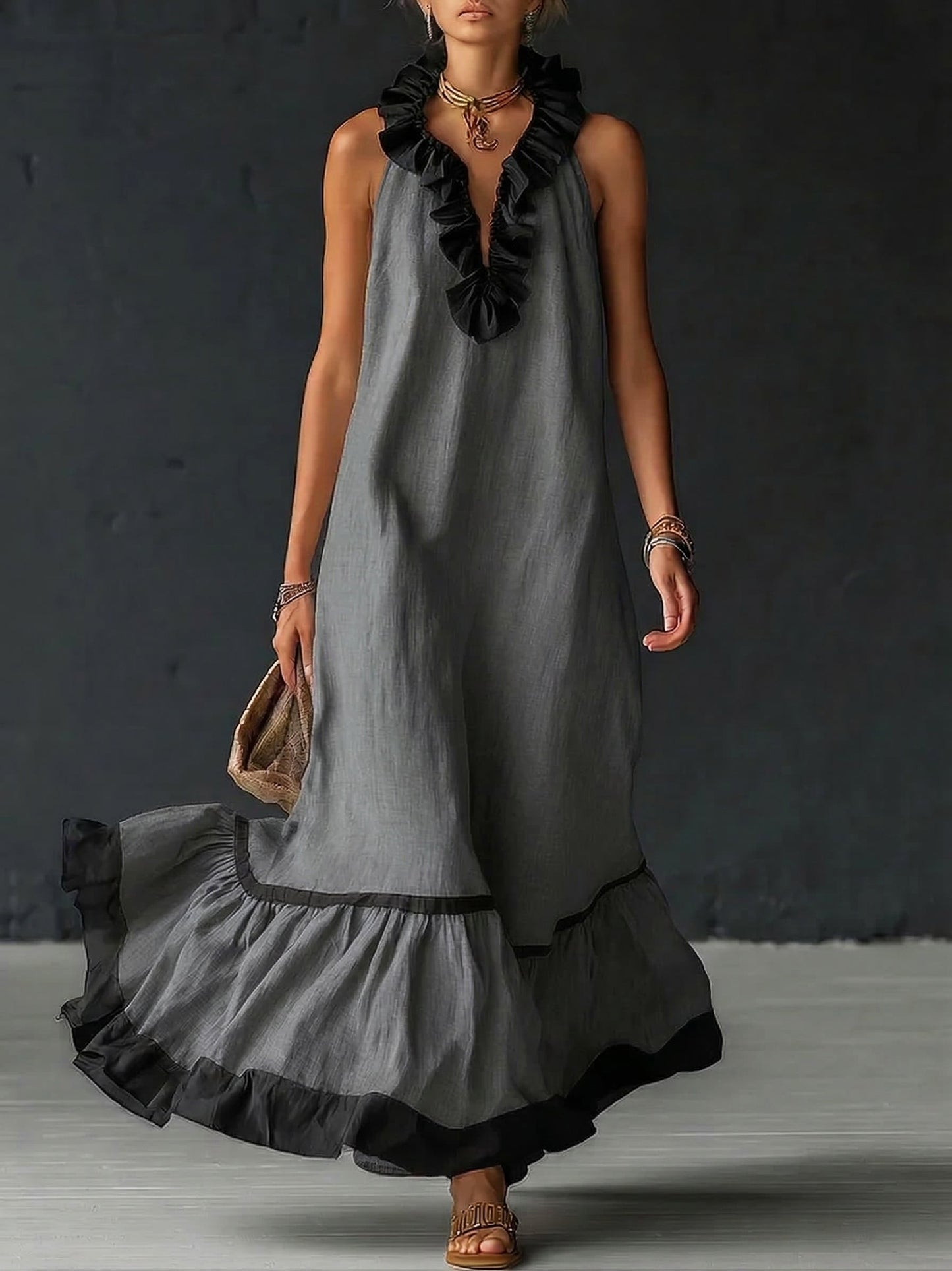 Vestido largo, elegante  con volantes