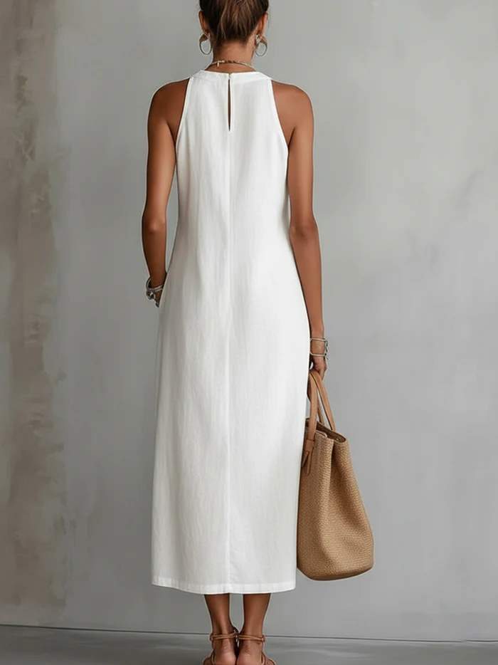 Blanca - Vestido de lino con cuello mao