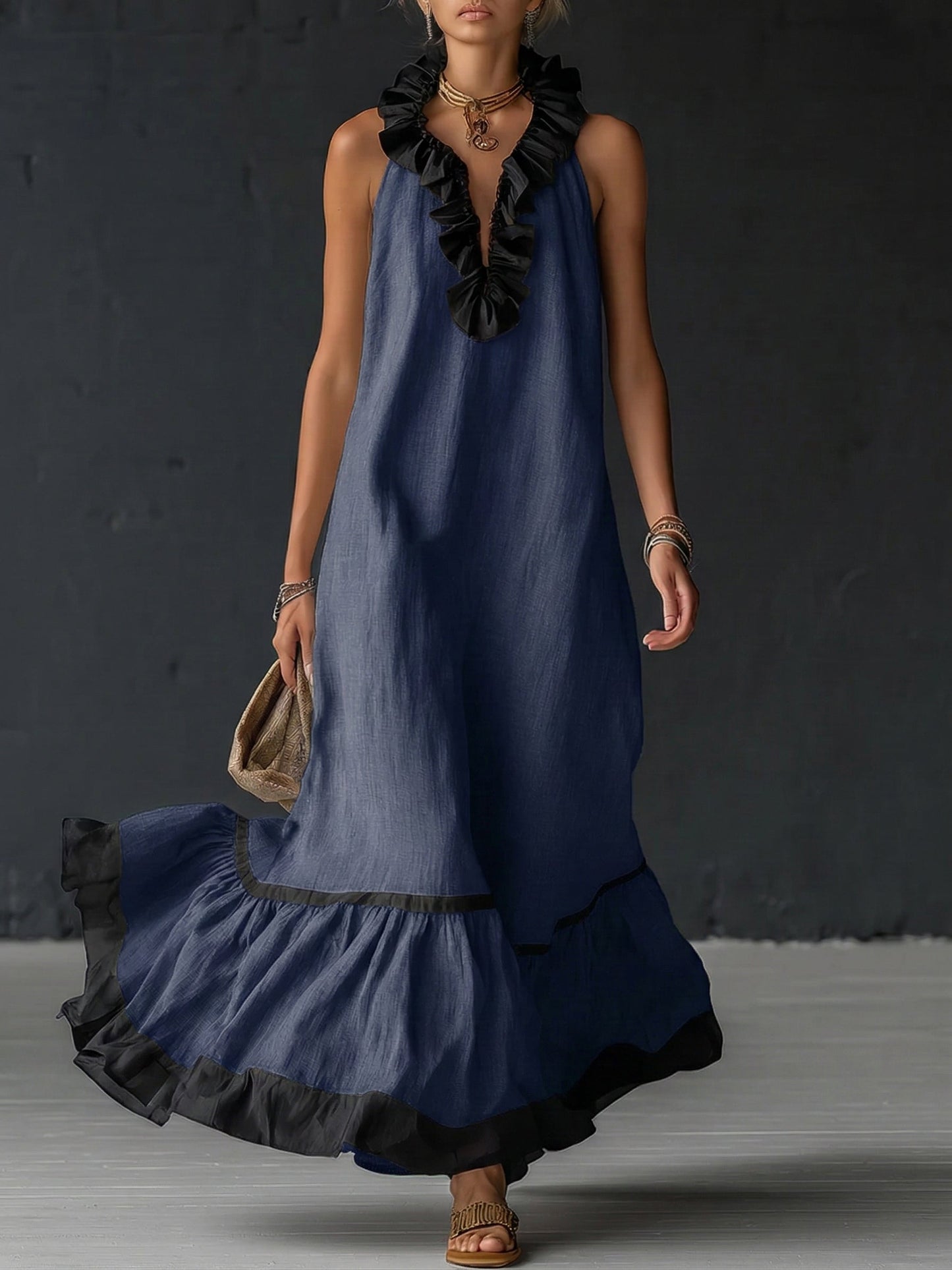 Vestido largo, elegante  con volantes