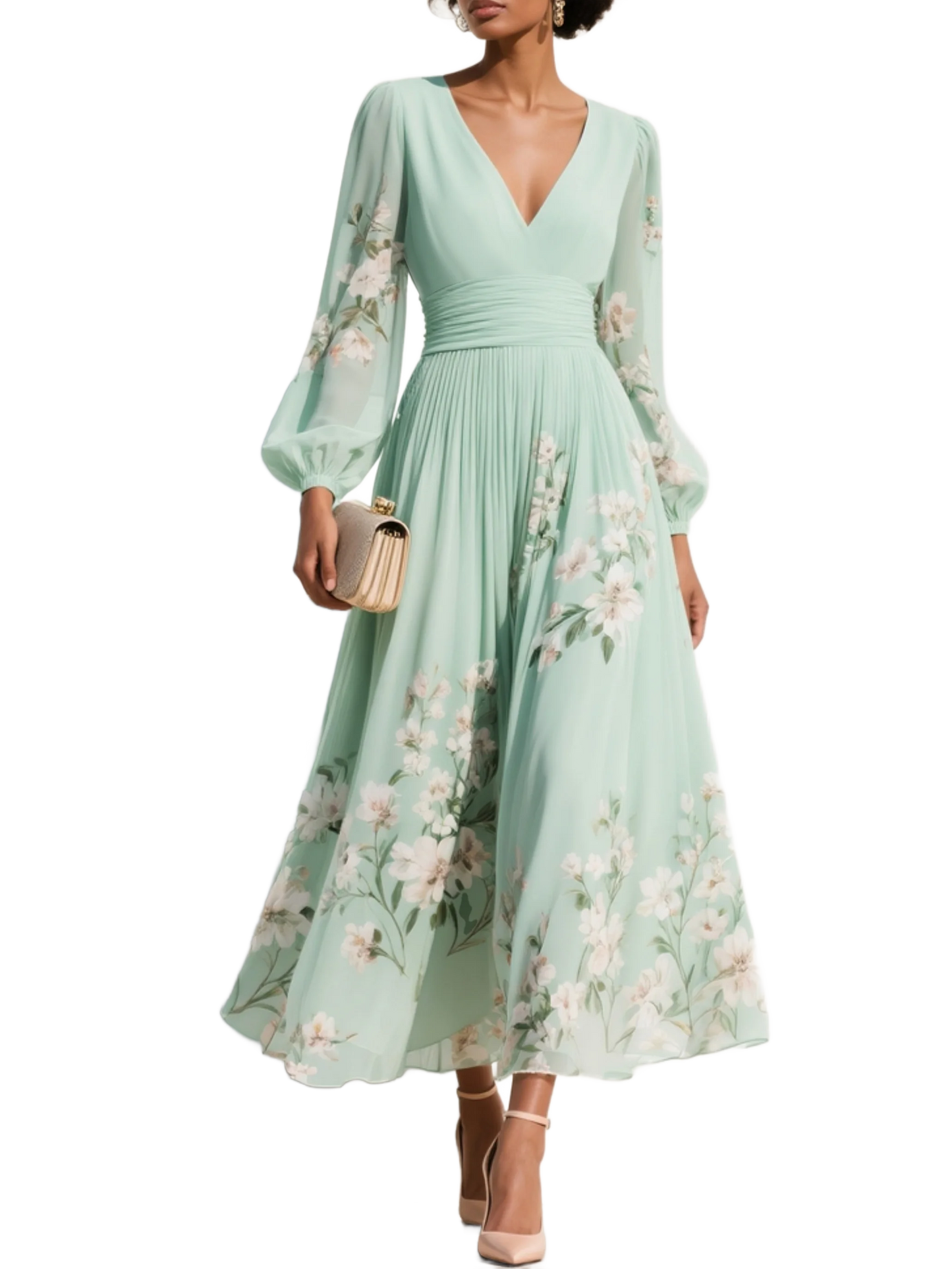 Isa - Vestido largo de gasa verde menta con estampado floral