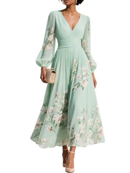 Isa - Vestido largo de gasa verde menta con estampado floral