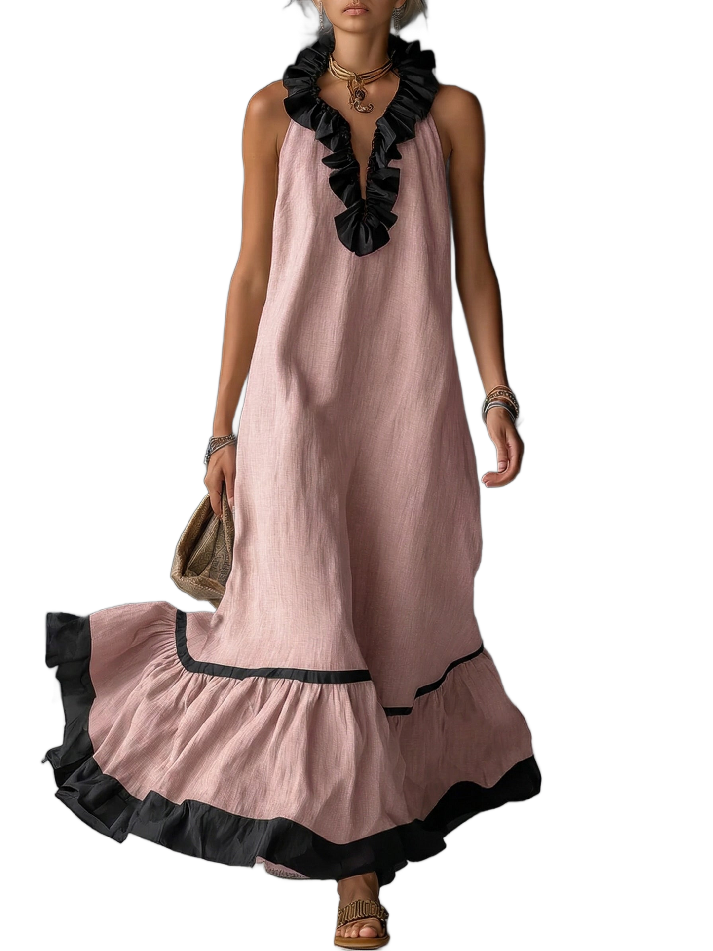 Vestido largo, elegante  con volantes