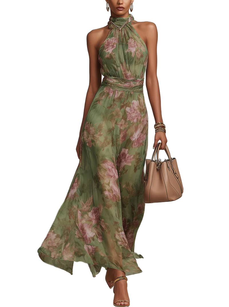 Serena - Vestido largo verde con estampado floral