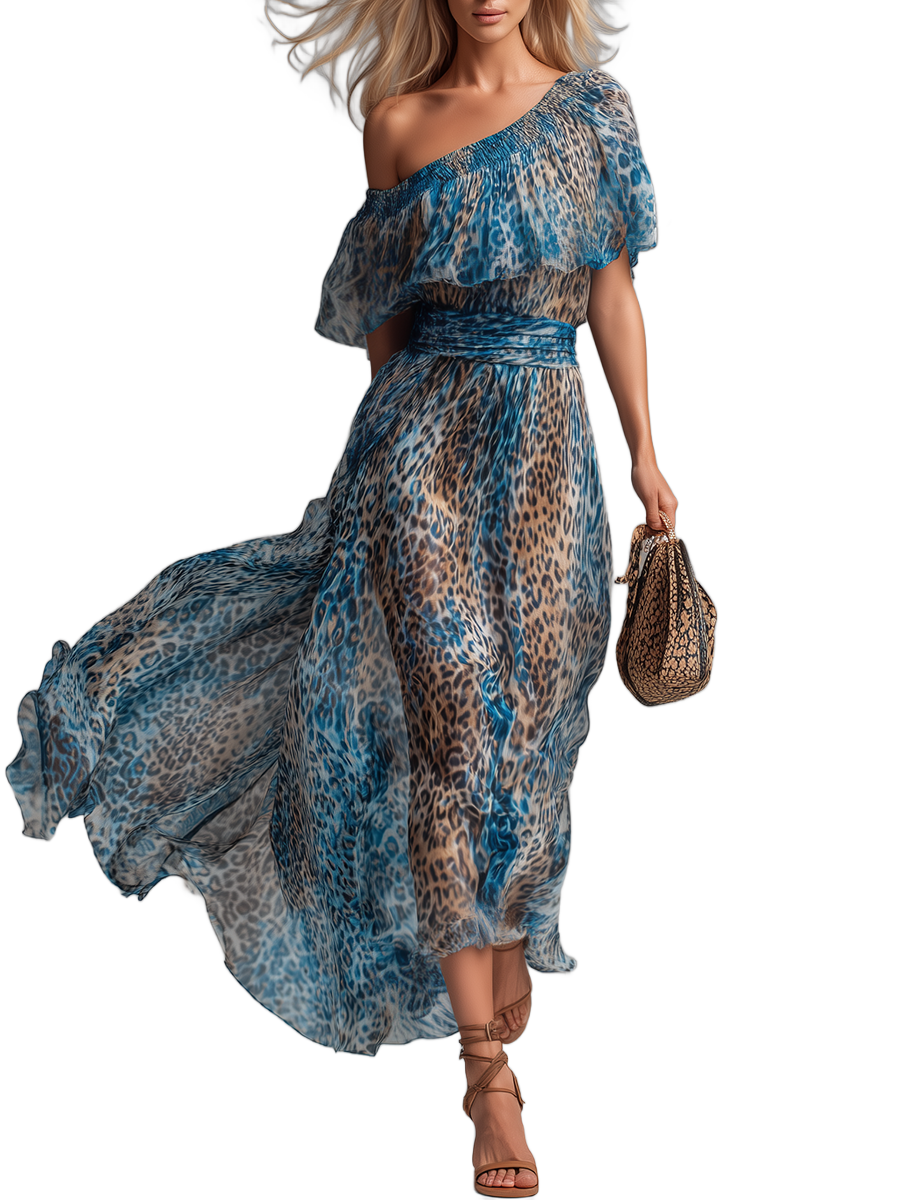 Selvaggia - Vestido largo de gasa con estampado de leopardo y hombros al aire