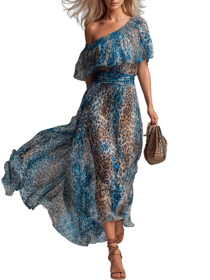Selvaggia - Vestido largo de gasa con estampado de leopardo y hombros al aire