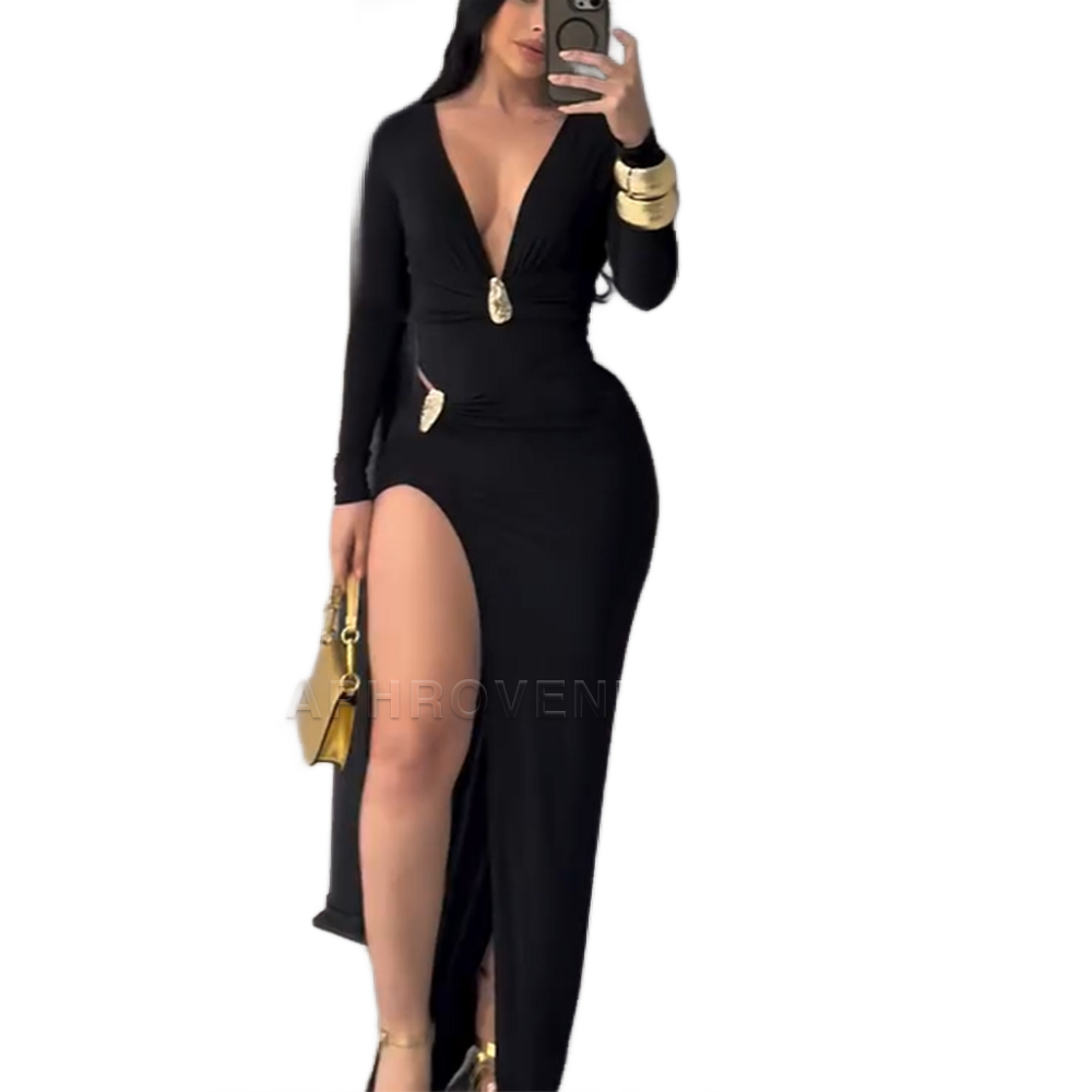 Lara - Elegante maxivestido ajustado con escote en V profundo y mangas largas fruncidas