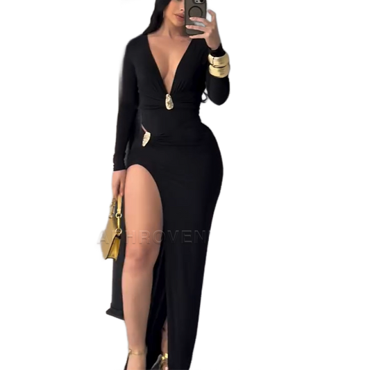 Lara - Elegante maxivestido ajustado con escote en V profundo y mangas largas fruncidas