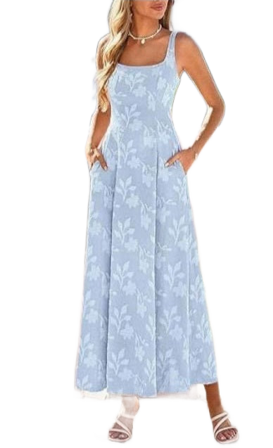 Julia - Vestido azul floral de cuello cuadrado